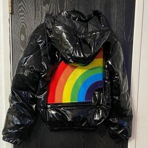 6ix9ine Trollz Black Patent Puffer Jacket with Rainbow Design On Back Size Small